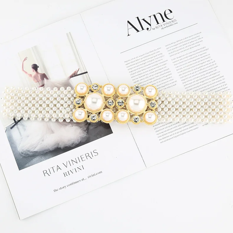 

Women's sweet temperament string pearl belt stretch wide diamond waist seal European and American retro skirt decorative belt