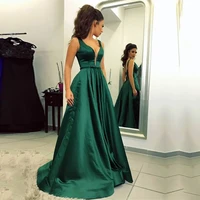 vinca sunny dark green satin evening dresses sexy a line v neck sleeveless prom formal gown sweep train wedding party dresses