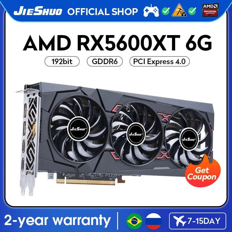 

JIESHUO RX5600XT 6GB AMD Video Graphics Card Three-fan GPU 2304 GDDR6 192-bit PCI Express 4.0 RX 5600XT 6G Computer Game Office