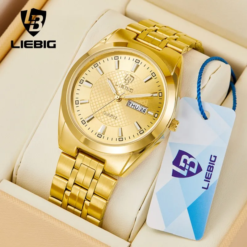

LIEBIG Luxury Stainless Steel Golden Watches Mens Fashion Time Date Waterproof Quartz Wristwatch Clock For Male Women reloj hom