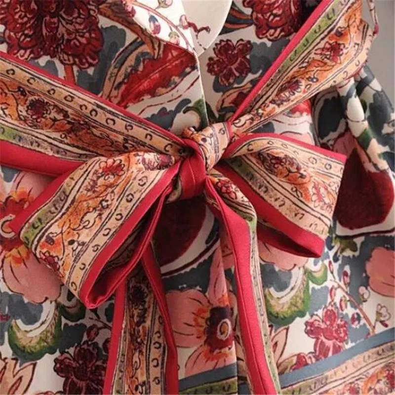 Floral Printing Vintage Leisure Blazers Set Women Fashion Blazer Wide Leg Pants Suit with Gift Belt Flax Pant Suit Streetwear