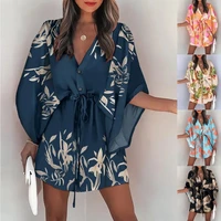 vacation boho beach mini dress casual women summer floral print lace up button batwing sleeve dresses loose female robe