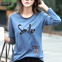 causal o neck letter print skinny long sleeved t shirts fashion spring autumn simple comfortable cotton top womens clothing