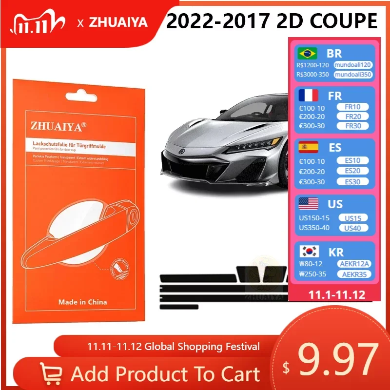 

Защита для края двери ZHUAIYA, защитная пленка для ручки двери, ТПУ PPF для Acura NSX 2022-2017 2D COUPE, автомобильные аксессуары