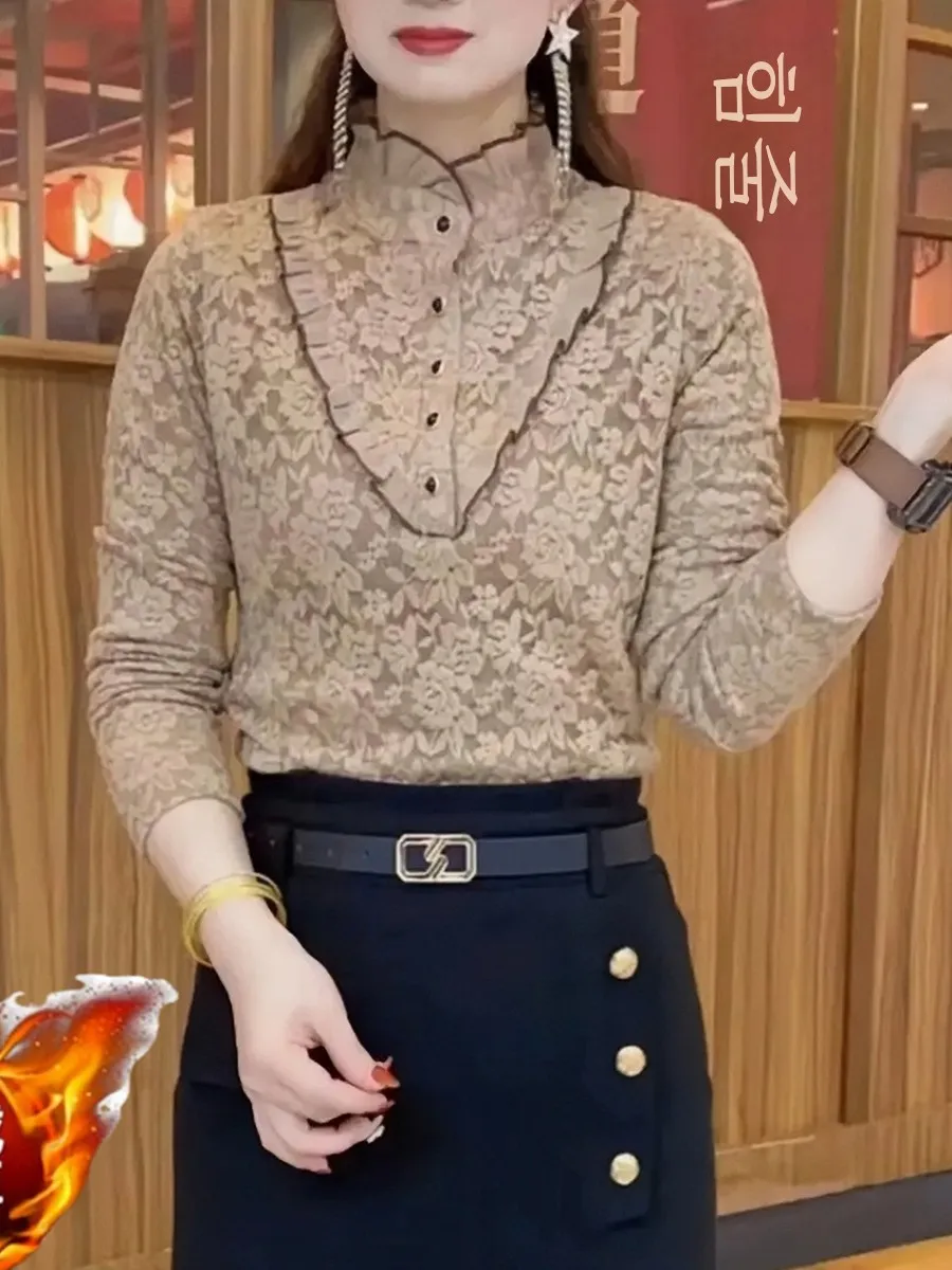 Кружевная рубашка на флисовой подкладке с толстым дном женская осень и зима 2024