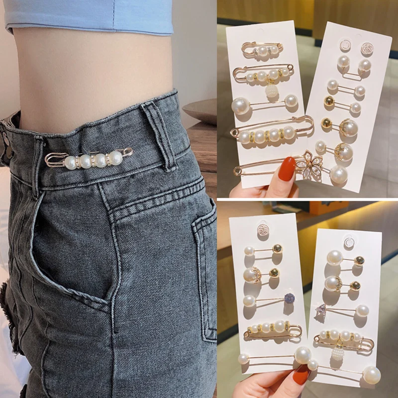 

Temperament Pearl Alloy Brooch Set Simple Female Badge Brooch Bag Clothes Lapel Pin Adjust Waist Fix Clothes Jewelry Gifts