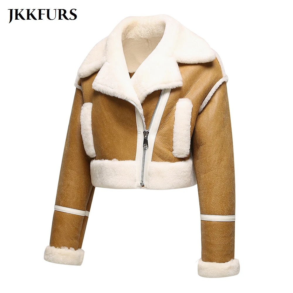 Women's Short Real Shearling Coat Genuine Lambskin Leather Coat Warm Real Wool Winter Double Face Jacket S3658