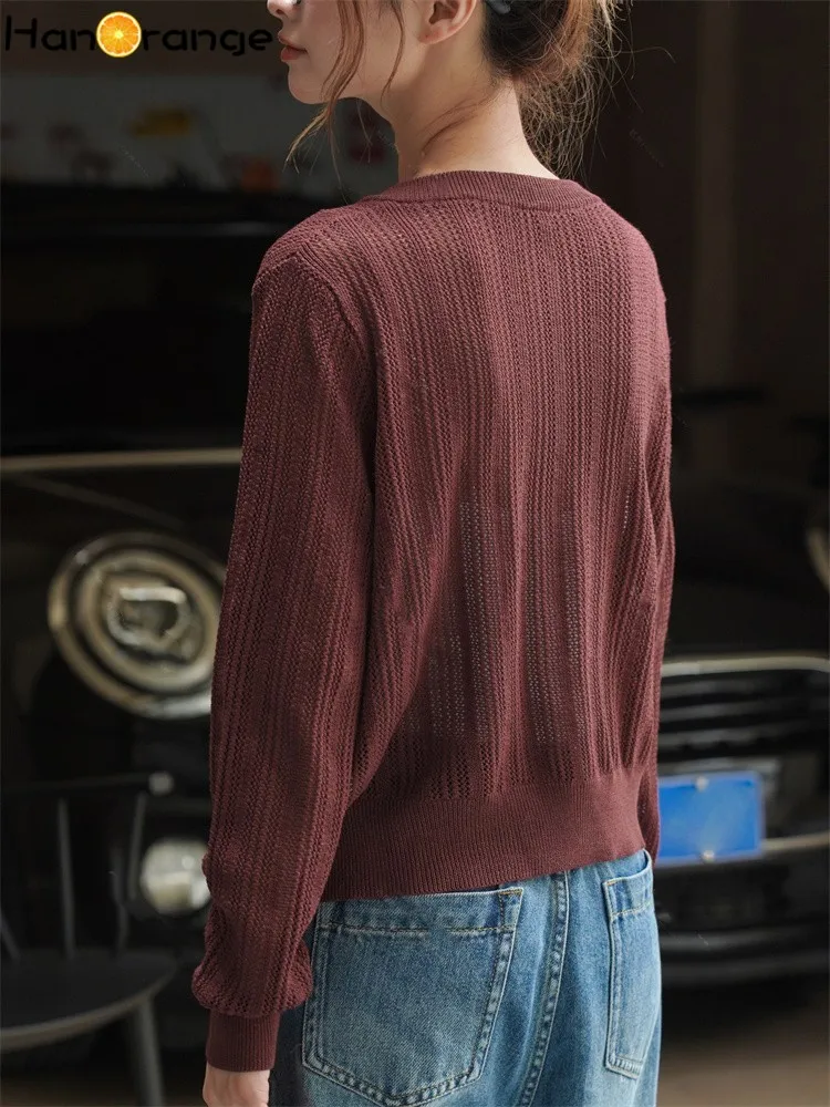 HanOrange 2024 весенний винтажный короткий вязаный кардиган женская вязаная рубашка с