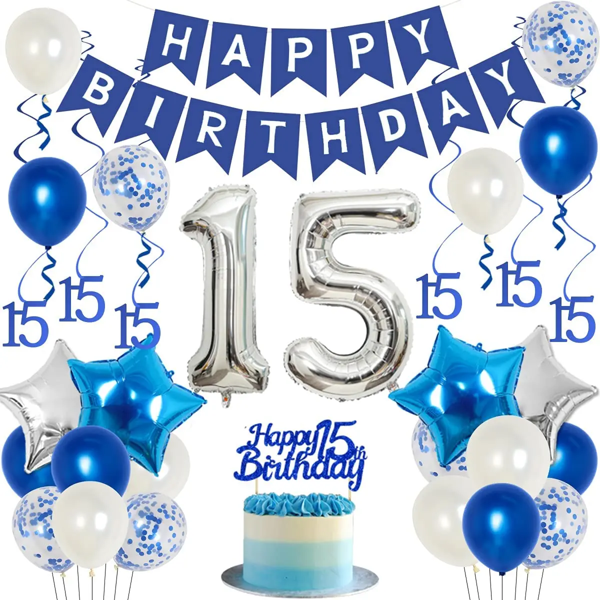 Juego de globos azules para niños y niñas, decoración de fiesta de cumpleaños con pancarta de feliz cumpleaños número 15, globo de aluminio colgante, remolinos