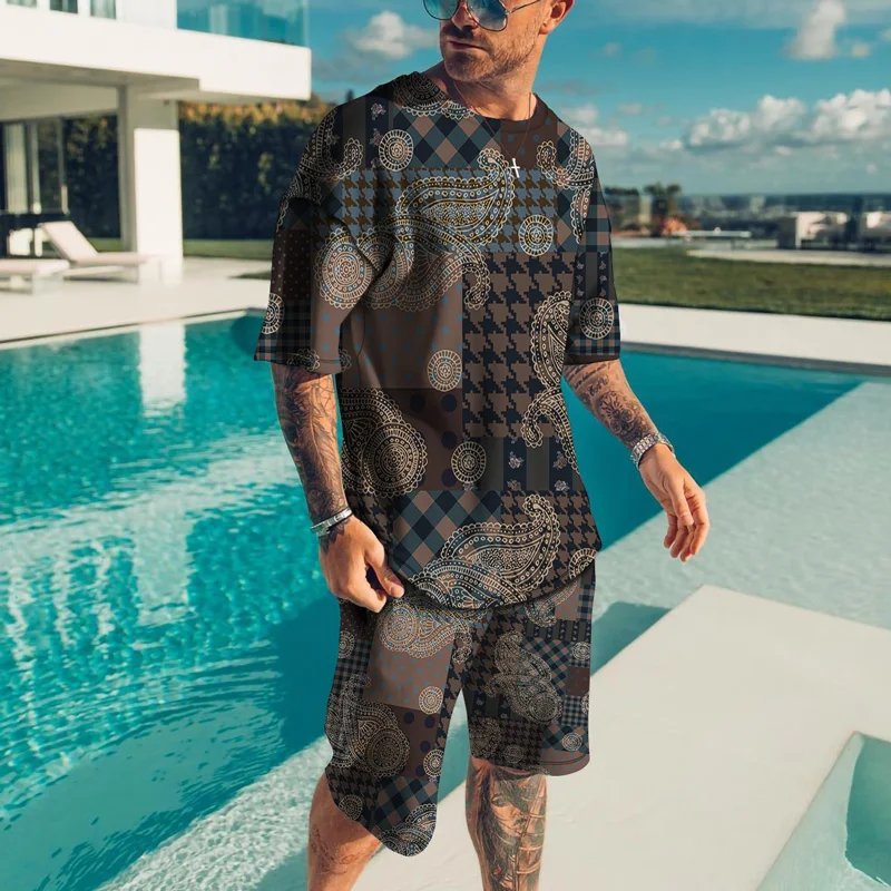 

Men's Sets Summer Shorts O- Neck Short Sleeve Tops Shorts Oversized Male Classic Outfit High Quality Tracksuit Two Piece Set