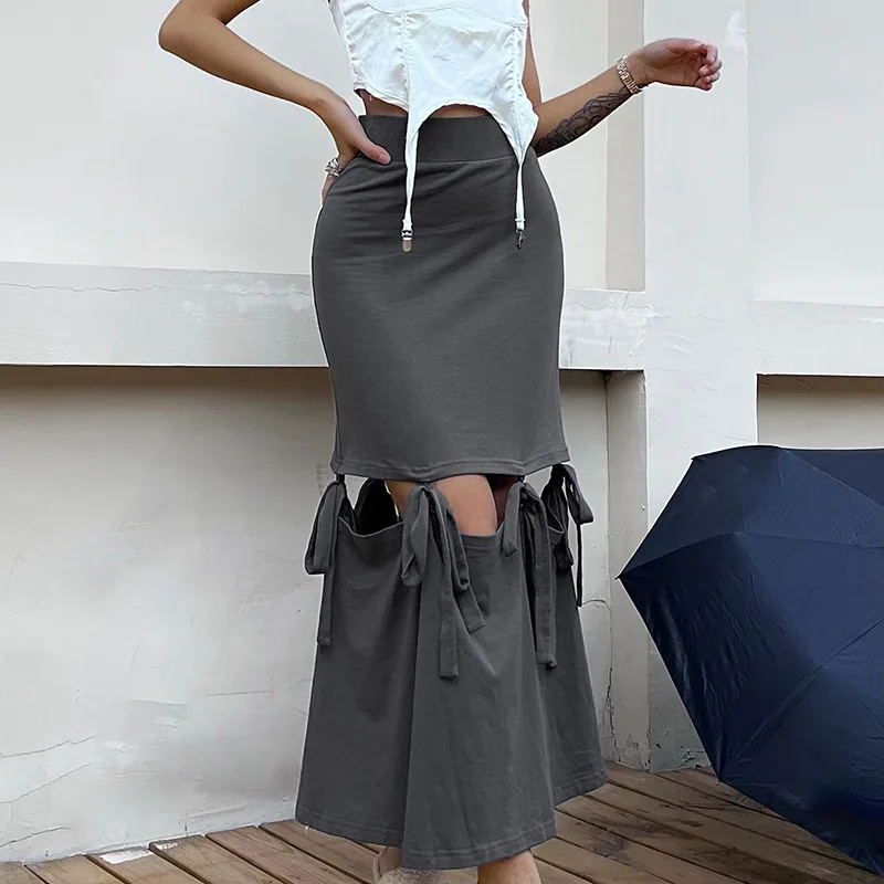 

Women High Waist Long Skirt Vintage Style Solid Color Lacing Hollowed Summer Ladies Skirt for Street Party