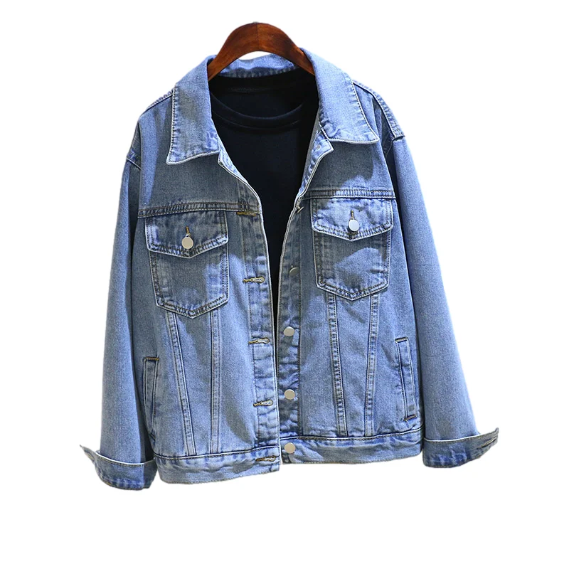 

Vintage Blue Denim Jacket Coat Women Autumn New Loose Short Student Cowboy Outerwear Big Pocket Long Sleeve Jeans Jacket Female