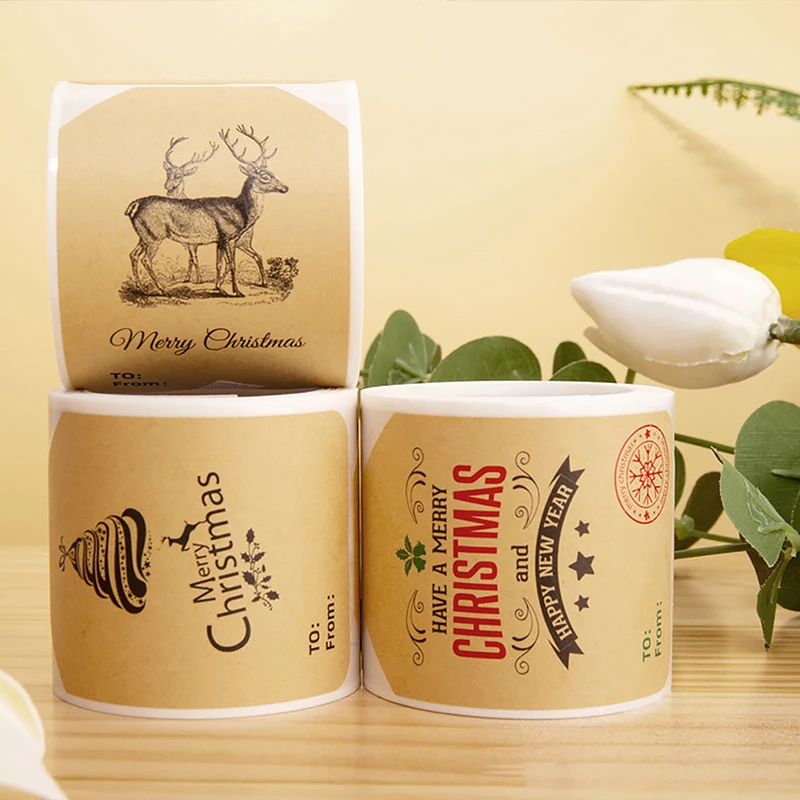 

100 шт./рулон, новогодние наклейки из крафт-бумаги