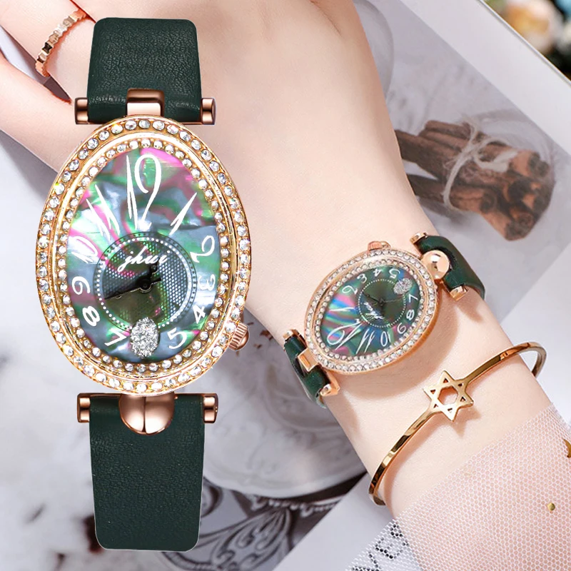 

Fashion Leather Watches For Women Rose Gold Green Dial Wrist Watches Green Leather Watches Female Ladies Quartz Clock Gifts