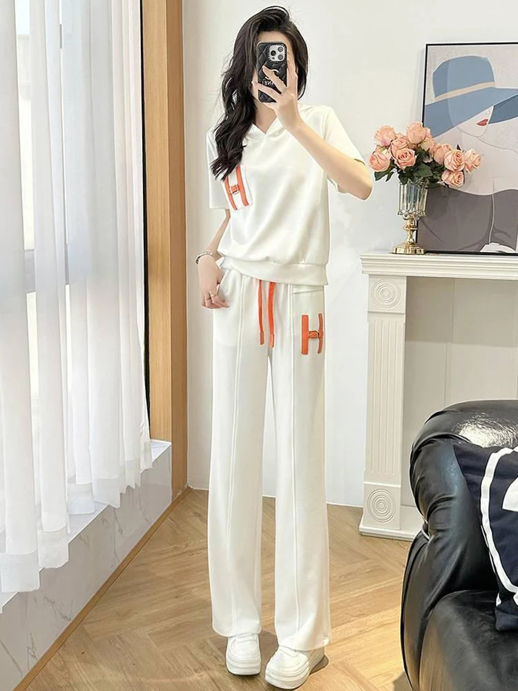 

A GIRLS Summer Outfits For Women ensemble femme 2 pièces été 2023 Short Sleeved Hood Tops+Straight Pants Two Piece Set Casual Tr