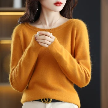 100% Mink Sweater Women's Autumn And Winter Plain Plain Cashmere Knitted Round Neck Pullover Casual Versatile High-End Warm Top 1