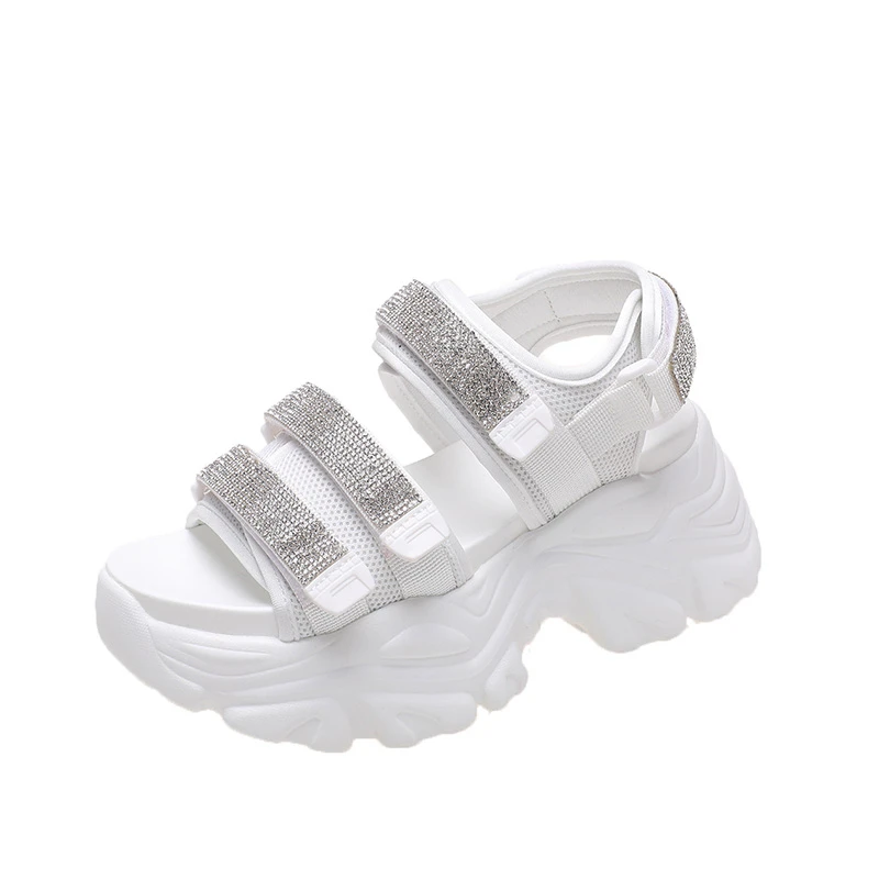Chunky Platform Bling Sandals Women New 2022 High Heels Sexy Hook Loop Sandals Wedge Sneakers 8CM Ladies Beach Summer Sandalias