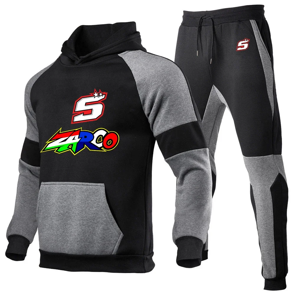2024 Spring Autumn Men Moto Rider JOHANN ZARCO No. 5 Logo Print Fashion Pullover Hoodies+Streetwear Casual Sweatpants Splice Set