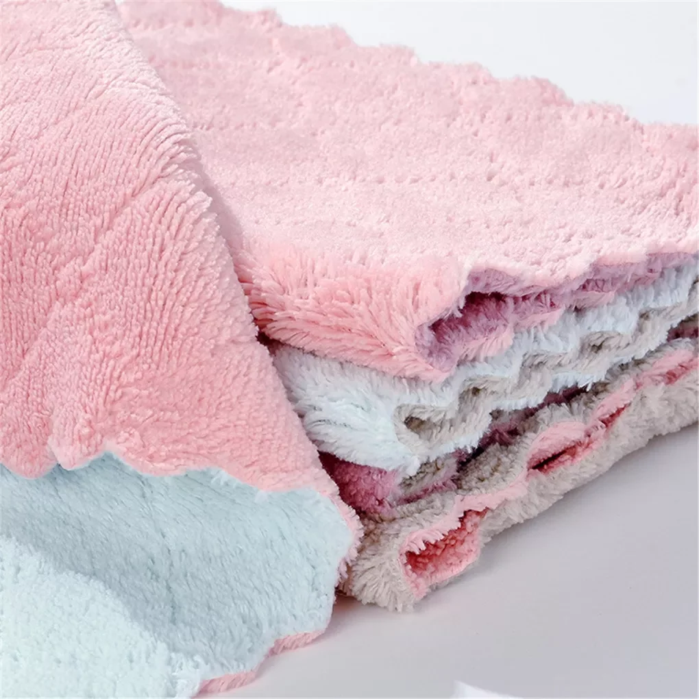 2-sided Kitchen Cloth Fast Dry Dish Towels Super Absorbent Coral Velvet Dishcloth Random Color