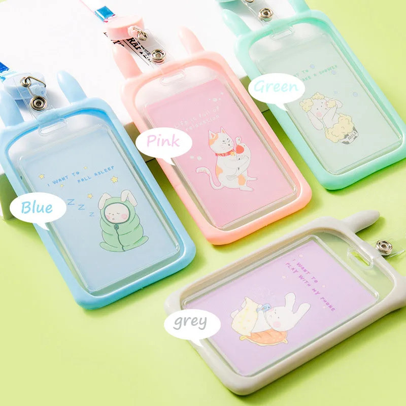 

Cartoon Rabbit Ear Work Credit Card Holder Holder Bags Wallet Student Bus Card Cover Case with Lanyard Adjustable Retractable