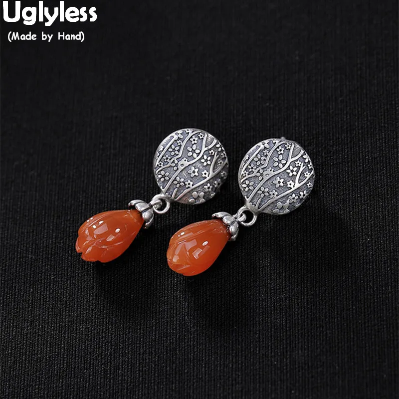 

Uglyless Real Solid 925 Silver Flower Earrings for Women handmade Thai Silver Dangle Earrings Natural Agate Orchid Fine Jewelry