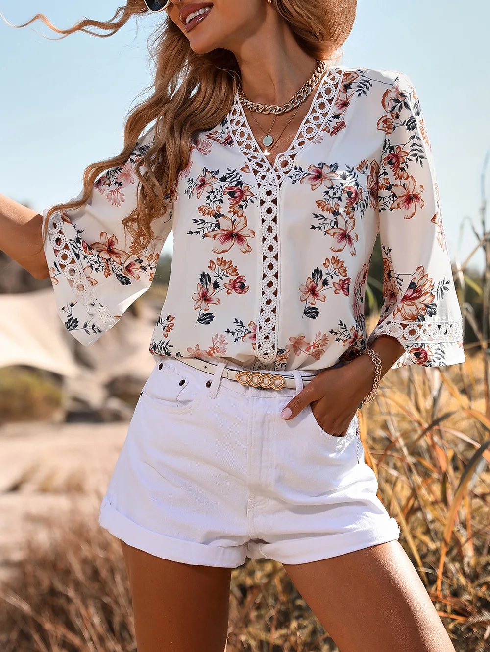 

Boho Shirts Summer V-neck Lace Crochet Shirt Women Half Sleeve Chiffon Blouses Oversized Ladies Loose Casual Floral Tops Blusa