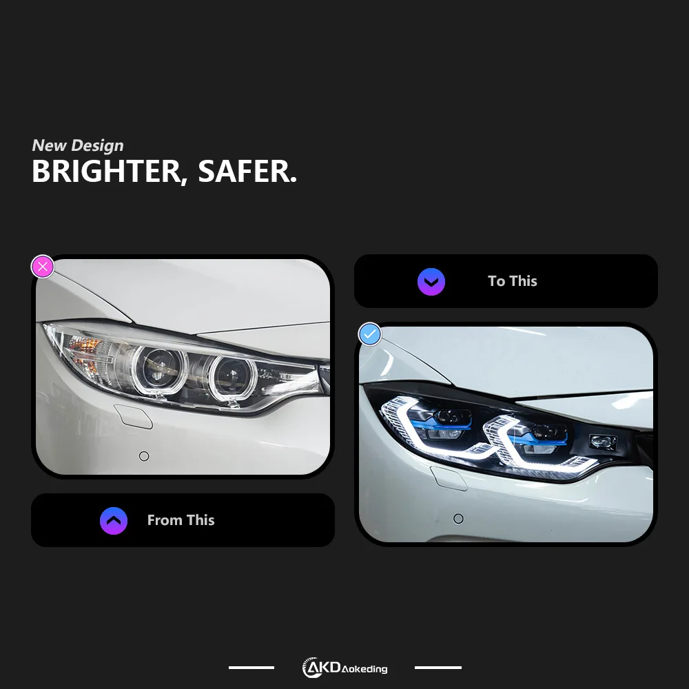 Фото Фара AKD для BMW F32 F36 M4 F82, светодиодная, 2013-2019, с ДХО, указателями поворота, дальним светом, линзой-проектором и функцией «ангельские глазки» для 425I №2