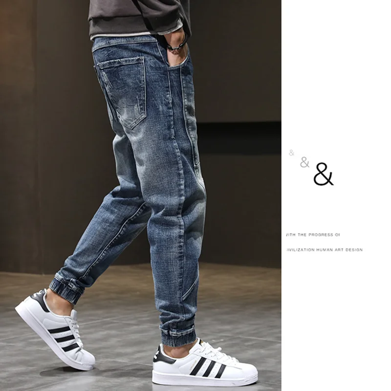 Men Clothing Autumn New Straight Loose Cylinder Jeans Vintage Lacing Strap Elastic Force Comfortable Blue Harun Trousers Female