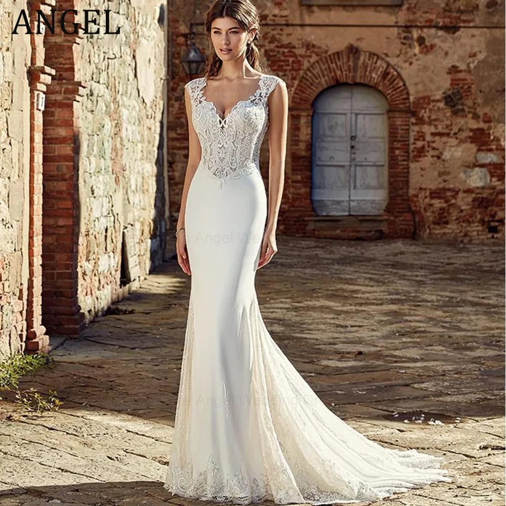 Фото ANGEL Boho свадебное платье с v-образным вырезом, женское платье русалки, 2029, индивидуальное платье невесты без рукавов, кружевные аппликации, иллюзия, Vestidos De Noiva №1