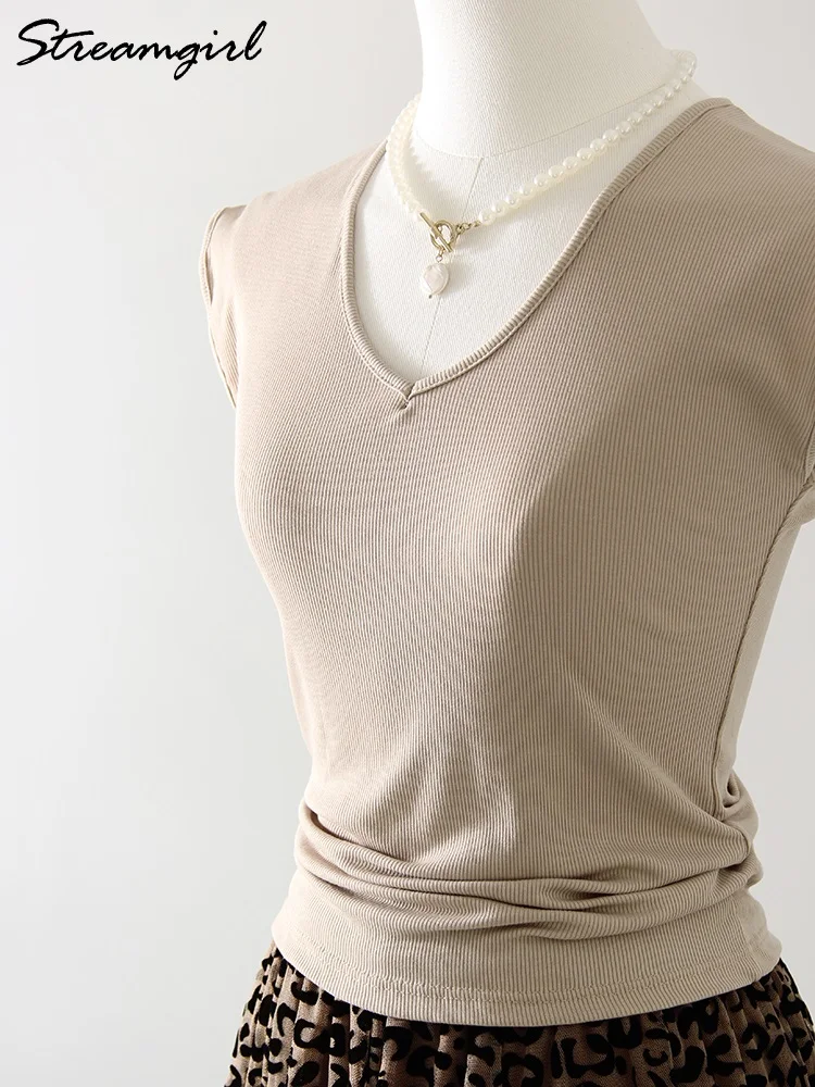 Ребристые футболки женские летние обтягивающие V Nek однотонные базовые топы без
