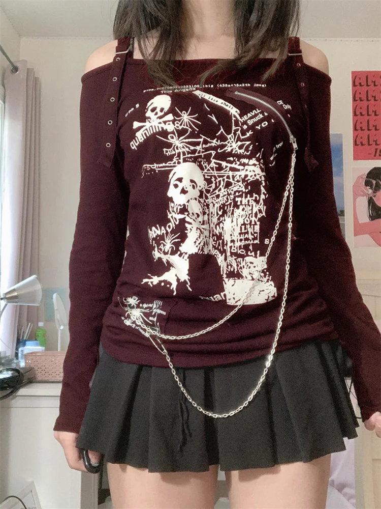

Футболка Y2k в готическом уличном стиле для девушек, ретро Топ в стиле Харадзюку с завязками и асимметричным черепом и пауком, одежда для Хэлл...