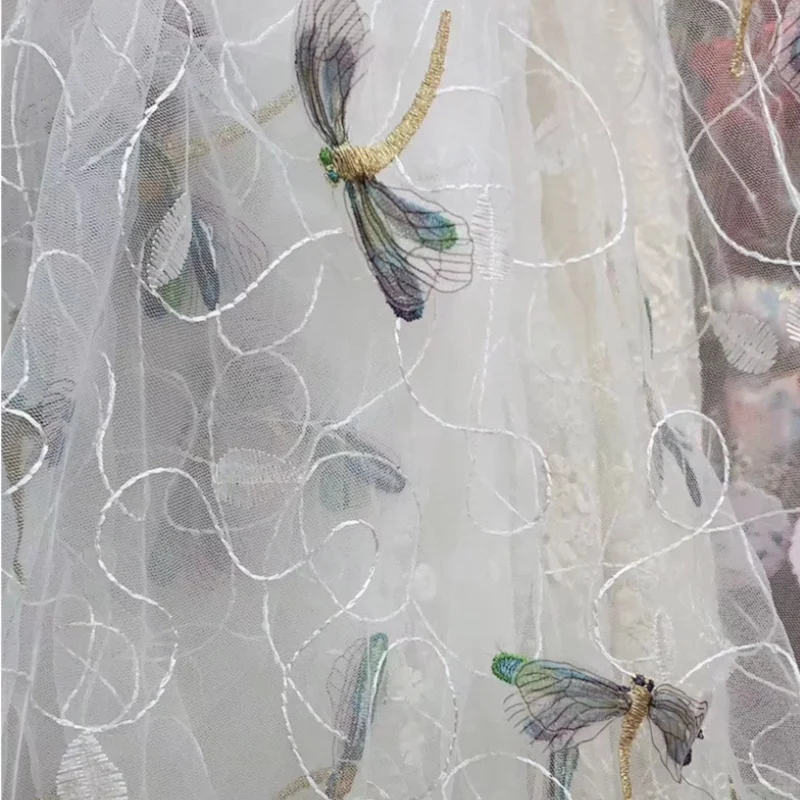 3/5/10yards 3D Dragonfly Embroidered Lace Fabric Tulle for Bridal Wedding Dress Veil Blue Pink Black White By the Yard |