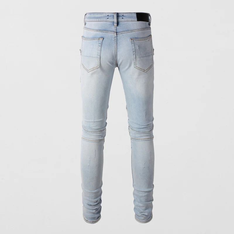 Street Fashion Men Jeans Retro Light Blue Stretch Skinny Patched Ripped Jeans Men Zipper Spliced Designer Hip Hop Brand Pants