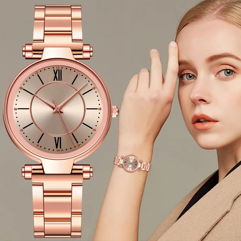 Women's Leisure Fashion Rose Gold Steel Belt Folding Buckle Quartz Watch High End Essential Jewelry For Women