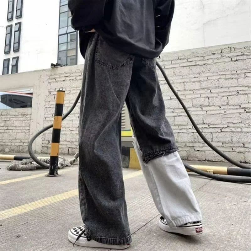 DEEPTOWN Patchwork Hole Jeans Men Black Streetwear Denim Pants Loose Hip Hop Straight Trousers Male Punk Harajuku Korean Spring