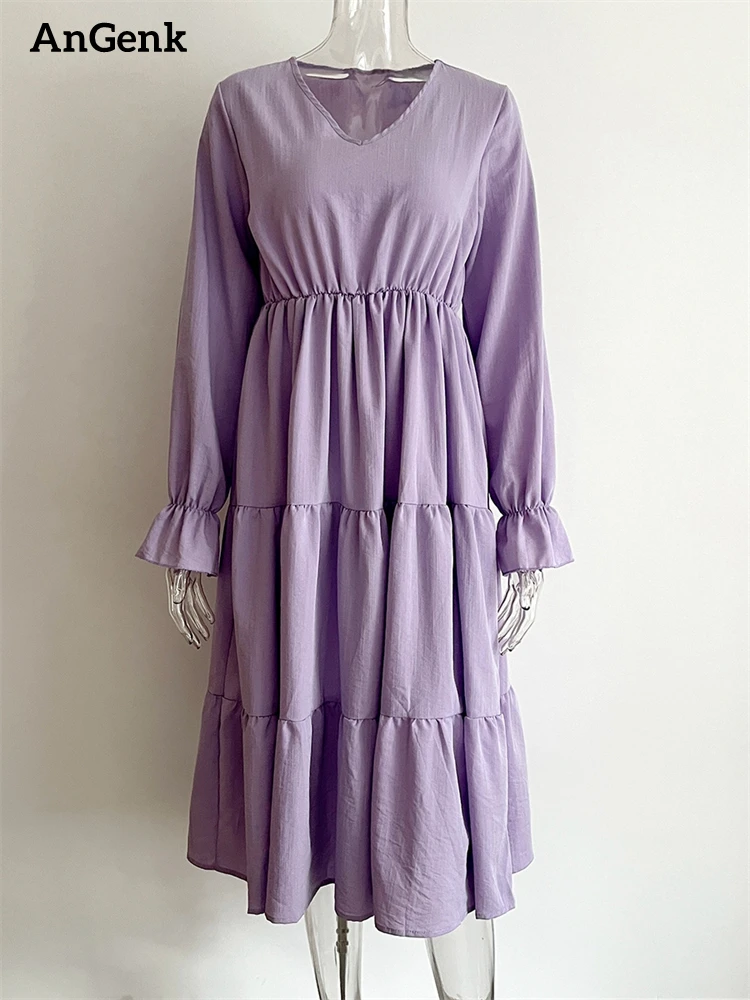 

Винтажное однотонное Хлопковое платье с длинным рукавом, новинка 2022, весенне-осеннее повседневное платье, женское платье, Элегантная Модна...