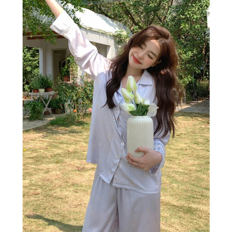 Spring and Summer Pajamas WomenJasmine Garden Lace Long-sleeved Trousers Loose Home Service Suit Breathable and Comfortable Suit