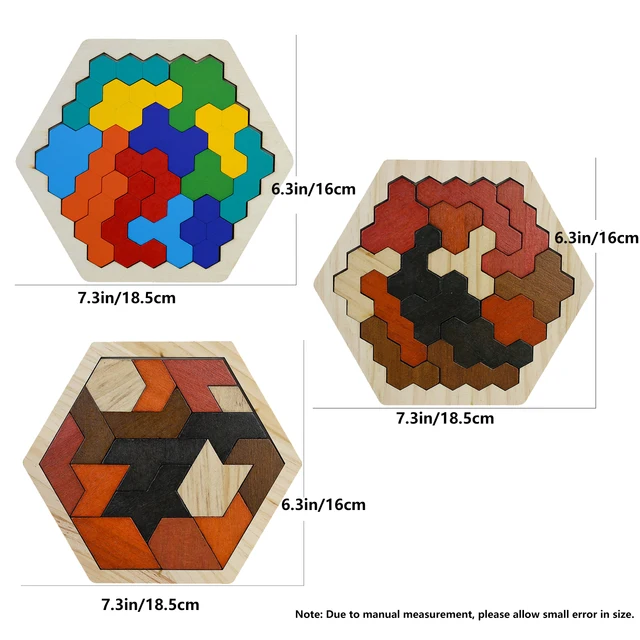 Wooden Hexagon Puzzle For Kid And Adults,Block Tangram Brain Teaser Toy Geometry Logic IQ Game Montessori Educational Gift 2