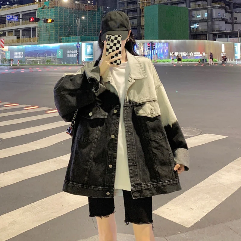 

Denim Jacket Women Street Casual Color Contrast Gradual Korean Loose Tie Dyed 2022 New Autumn Retro Design Loose Cowboy Coat