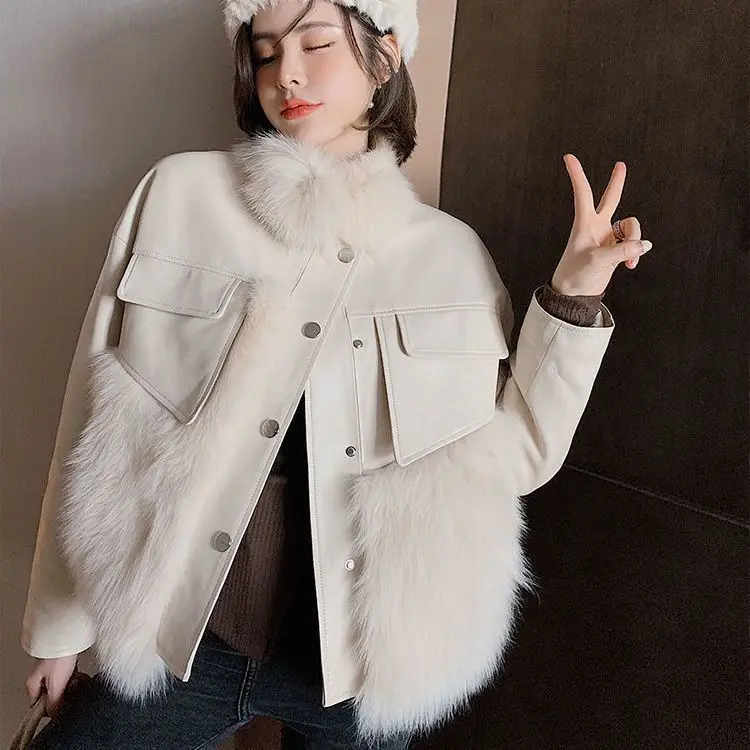 Autumn and Winter New Imitation Fox Fur Imitation Fur Coat Female Imitation Sheep Skin Loose Look Thin Young Leather Coat