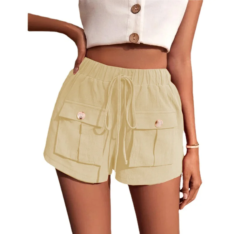 2023 Summer New Women's Fashion Casual Solid Cargo pants Pocket Loose Mid Waist Drawstring Straight Tube Beach Shorts