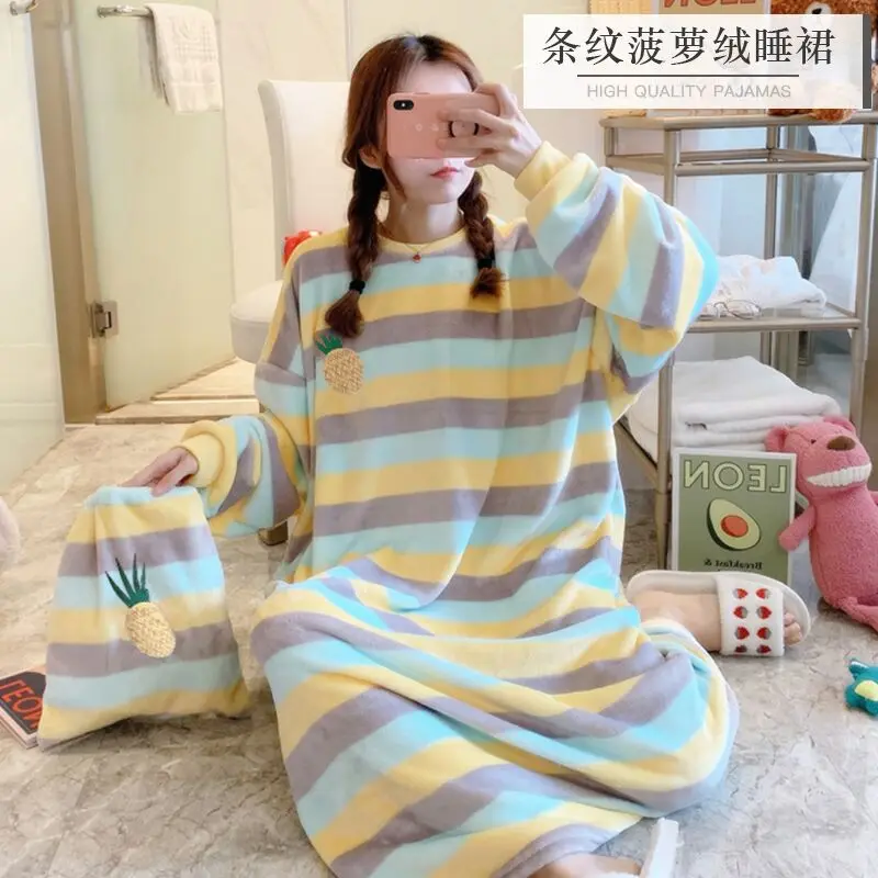 

Women Rainbow Striped Kawaii Nightgowns Sleepwear Negligee Strawberry Loungewear Drop-Ship Winter Thick Warm Flannel Long Gowns