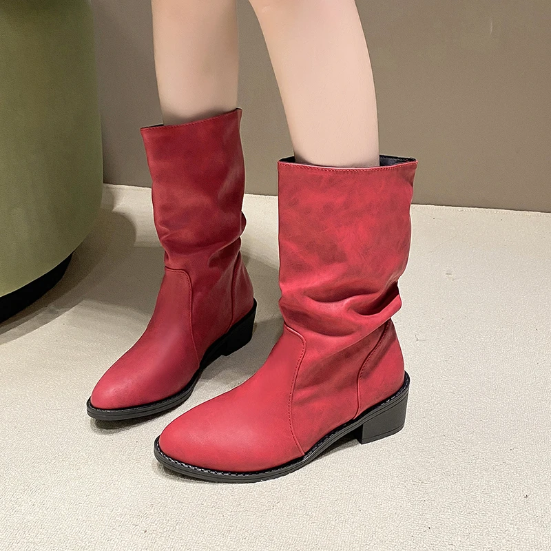 Женские ботинки до середины икры с острым носком новые плиссированные трендовые