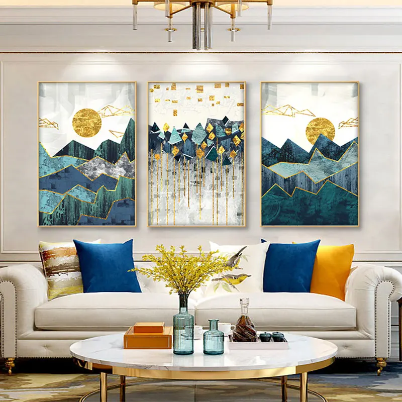 

Nordic Luxury Gold Sunrise Poster And Prints Abstract Green Landscape Canvas Painting Living Room Home Decor HD Wall Art Picture