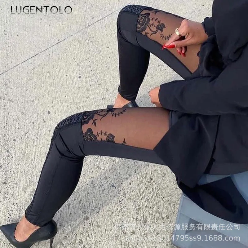 

Women Sexy Leggings Lace Black Splice Thin Spring Summer Casual Trousers Female Street Fashion Leggings