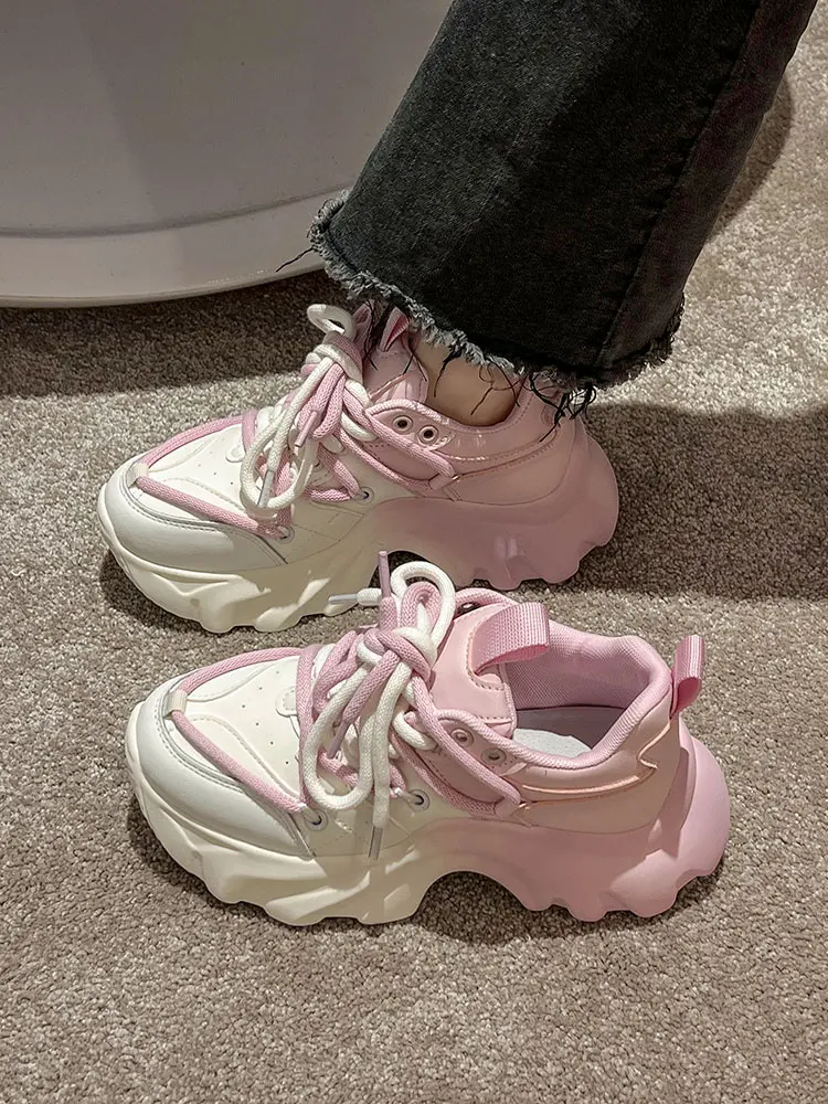 

Женские кроссовки на платформе, теннисные туфли на толстой подошве, повседневная сетчатая обувь для тренировок, на шнуровке, из ПУ кожи, 2023