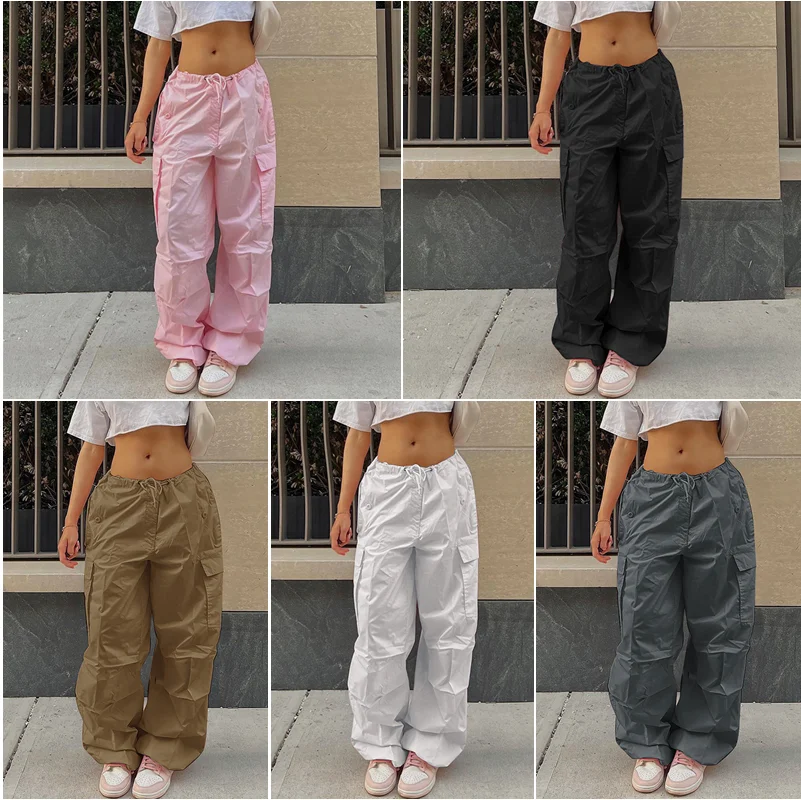 New Clothing Oversized Drawstring Low Waist Parachute Loose Fit Sweatpants Trousers Women Jogger Cargo Pants Streetwear Outfits