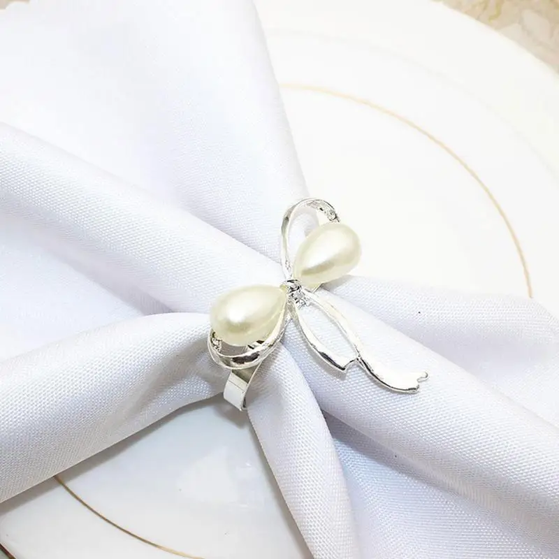 

Pearl Napkin Rings Bow Knot Shape Napkin Buckle Dining Table Decoration for Wedding Receptions Birthdays Christmas Candlelight