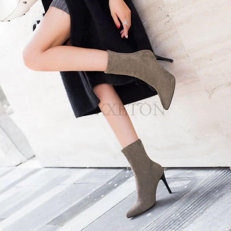 

Woman Winter Elegant Heeled Mid-barrel Boots Elastic Pointed Toe Thin Heels for Black Ankle Stretch Fabric High Rome Shoes