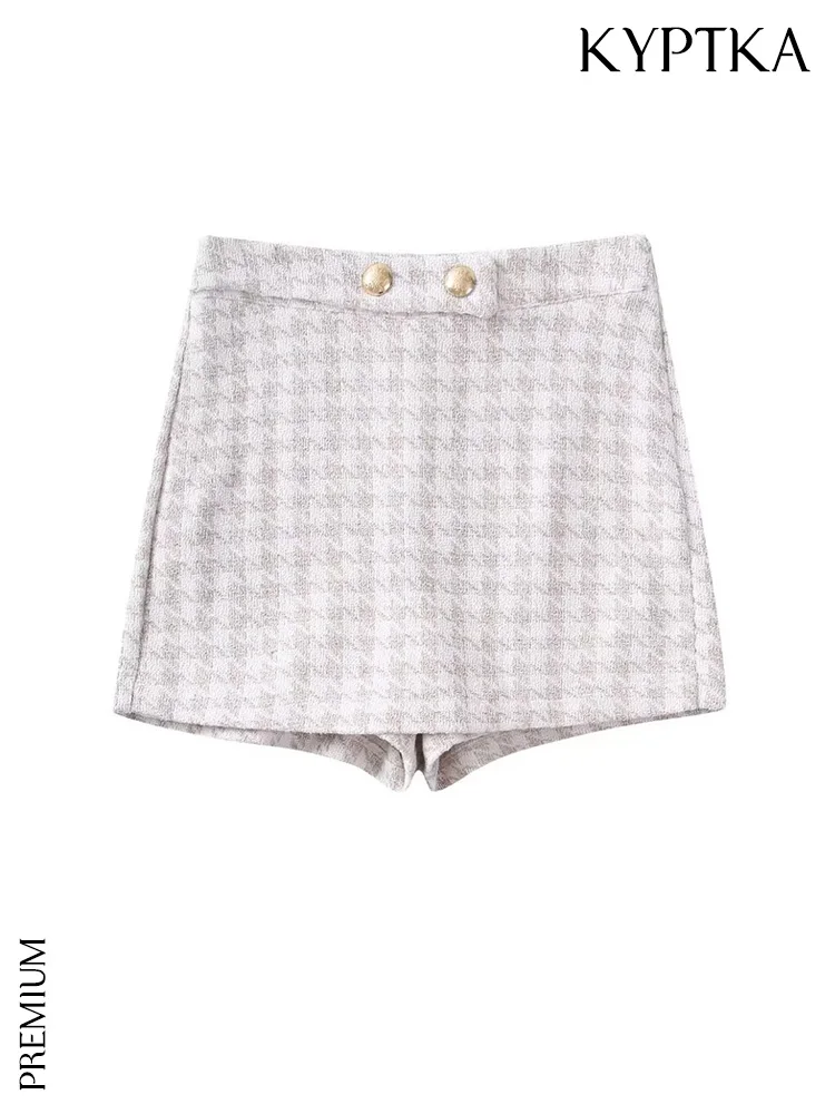 

KYPTKA Women Fashion Front Buttons Tweed Check Bermuda Shorts Vintage High Waist Side Zipper Female Short Pants Mujer